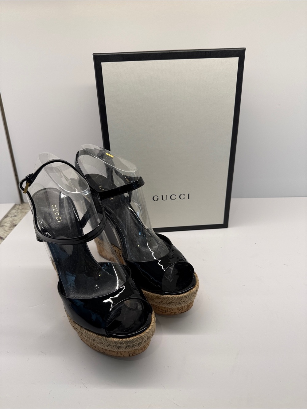 Gucci Black Patent Leather Platform Espadrille Wedges